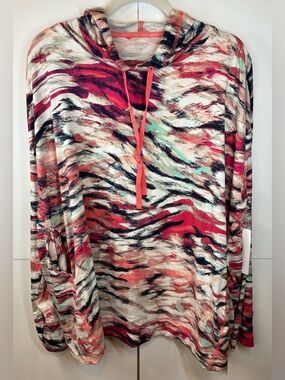 Jones New York Sport 1X Abstract Brushstroke Pullover Hooded TunicTop Pink Coral